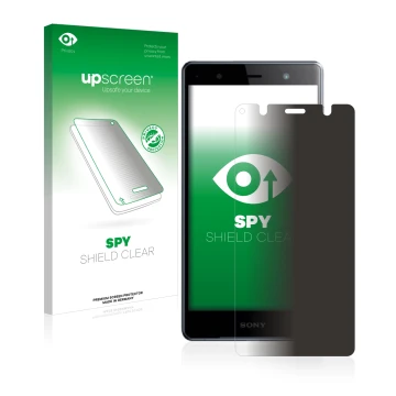 Face avant d’un emballage produit avec le logo de la marque upscreen. À côté, l’appareil Sony Xperia XZ2 Premium est représent