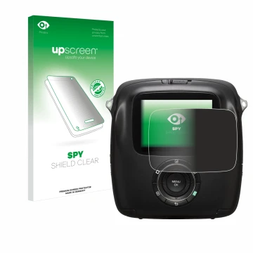 Face avant d’un emballage produit avec le logo de la marque upscreen. À côté, l’appareil Fujifilm Instax Square SQ10 est repré