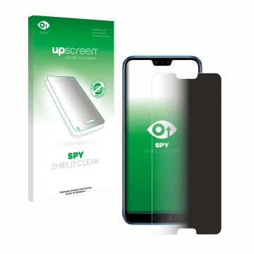 Face avant d’un emballage produit avec le logo de la marque upscreen. À côté, l’appareil Honor 10 est représenté avec la prote