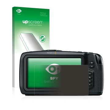 Face avant d’un emballage produit avec le logo de la marque upscreen. À côté, l’appareil Blackmagic Pocket Cinema Camera 4K es