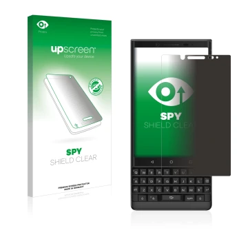 Face avant d’un emballage produit avec le logo de la marque upscreen. À côté, l’appareil BlackBerry Key2 est représenté avec l