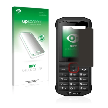 Face avant d’un emballage produit avec le logo de la marque upscreen. À côté, l’appareil Crosscall Spider X4 est représenté av
