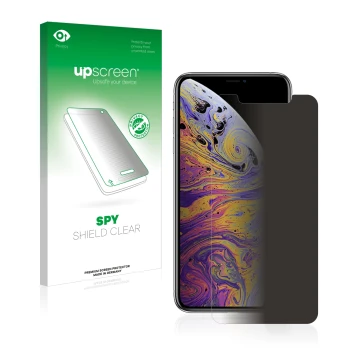 Face avant d’un emballage produit avec le logo de la marque upscreen. À côté, l’appareil Apple iPhone Xs Max est représenté av