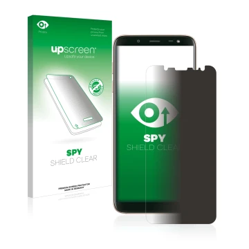 Face avant d’un emballage produit avec le logo de la marque upscreen. À côté, l’appareil Samsung Galaxy J6 2018 est représenté