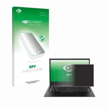 Face avant d’un emballage produit avec le logo de la marque upscreen. À côté, l’appareil Lenovo ThinkPad X1 Carbon (6ème Gen.)