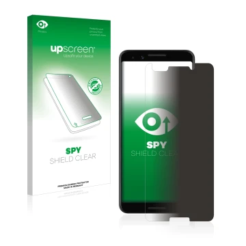 Face avant d’un emballage produit avec le logo de la marque upscreen. À côté, l’appareil Google Pixel 3 est représenté avec la