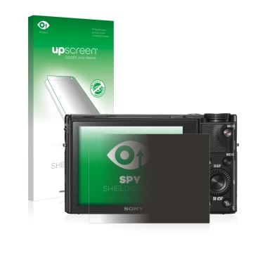 Face avant d’un emballage produit avec le logo de la marque upscreen. À côté, l’appareil Sony Cyber-Shot DSC-RX100 VI est repr