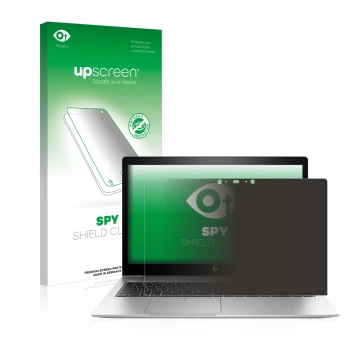 Face avant d’un emballage produit avec le logo de la marque upscreen. À côté, l’appareil HP EliteBook 850 G5 Touch est représe
