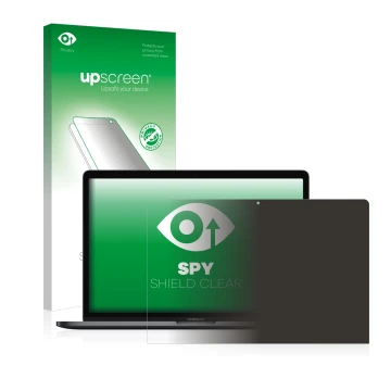 Face avant d’un emballage produit avec le logo de la marque upscreen. À côté, l’appareil Apple MacBook Pro 15