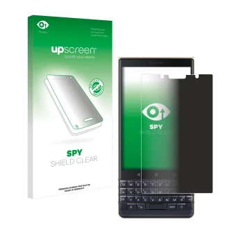 Face avant d’un emballage produit avec le logo de la marque upscreen. À côté, l’appareil BlackBerry Key2 LE est représenté ave