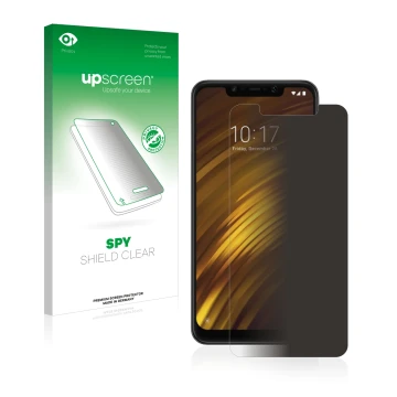 Face avant d’un emballage produit avec le logo de la marque upscreen. À côté, l’appareil Xiaomi Pocophone F1 est représenté av
