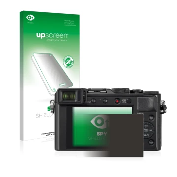Face avant d’un emballage produit avec le logo de la marque upscreen. À côté, l’appareil Panasonic Lumix DC-LX100 II est repré