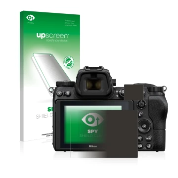 Face avant d’un emballage produit avec le logo de la marque upscreen. À côté, l’appareil Nikon Z 6 est représenté avec la prot