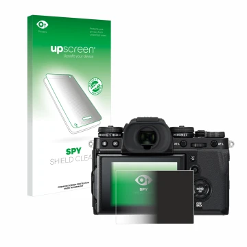 Face avant d’un emballage produit avec le logo de la marque upscreen. À côté, l’appareil Fujifilm X-T3 est représenté avec la 