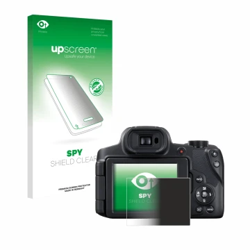 Face avant d’un emballage produit avec le logo de la marque upscreen. À côté, l’appareil Canon PowerShot SX70 HS est représent