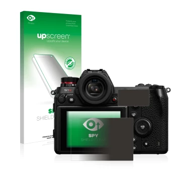 Face avant d’un emballage produit avec le logo de la marque upscreen. À côté, l’appareil Panasonic Lumix DC-S1R est représenté