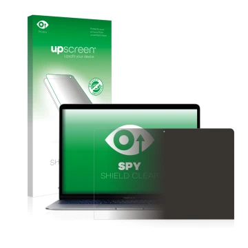 Face avant d’un emballage produit avec le logo de la marque upscreen. À côté, l’appareil Apple MacBook Air 13