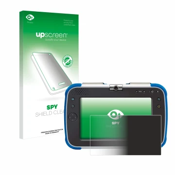 Face avant d’un emballage produit avec le logo de la marque upscreen. À côté, l’appareil Vtech Storio Max XL 2.0 est représent
