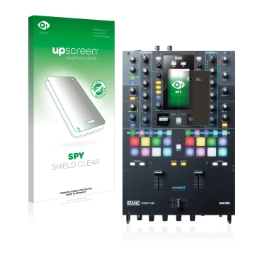Face avant d’un emballage produit avec le logo de la marque upscreen. À côté, l’appareil Rane Seventy-Two est représenté avec 