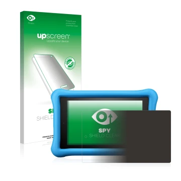 Face avant d’un emballage produit avec le logo de la marque upscreen. À côté, l’appareil Amazon Fire HD 8 Kids Edition 2018 (8