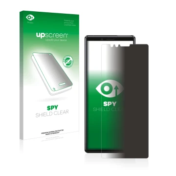 Face avant d’un emballage produit avec le logo de la marque upscreen. À côté, l’appareil Sony Xperia 1 est représenté avec la 