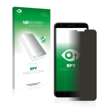 Face avant d’un emballage produit avec le logo de la marque upscreen. À côté, l’appareil Google Pixel 3a XL est représenté ave