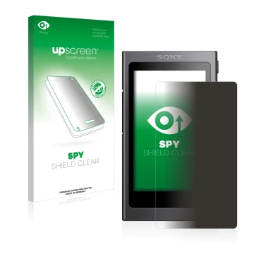 Face avant d’un emballage produit avec le logo de la marque upscreen. À côté, l’appareil Sony Walkman A40 est représenté avec 