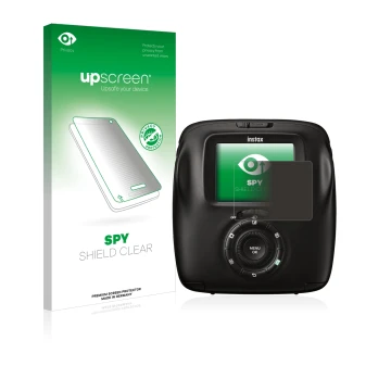 Face avant d’un emballage produit avec le logo de la marque upscreen. À côté, l’appareil Fujifilm Instax Square SQ20 est repré