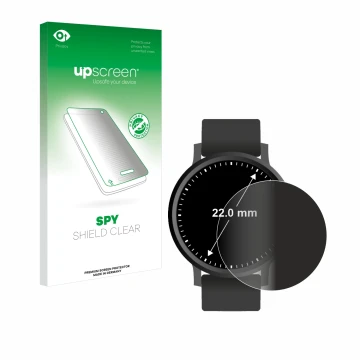 Face avant d’un emballage produit avec le logo de la marque upscreen. À côté, l’appareil Circulaire Displays (ø: 22 mm) est re