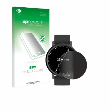 Face avant d’un emballage produit avec le logo de la marque upscreen. À côté, l’appareil Circulaire Displays (ø: 25 mm) est re