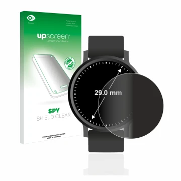 Face avant d’un emballage produit avec le logo de la marque upscreen. À côté, l’appareil Circulaire Displays (ø: 29 mm) est re