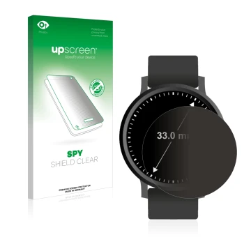 Face avant d’un emballage produit avec le logo de la marque upscreen. À côté, l’appareil Circulaire Displays (ø: 33 mm) est re