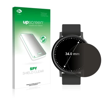 Face avant d’un emballage produit avec le logo de la marque upscreen. À côté, l’appareil Circulaire Displays (ø: 34 mm) est re