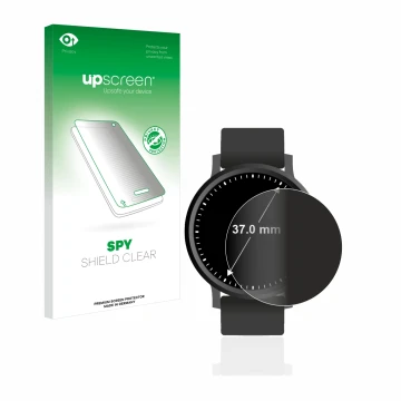 Face avant d’un emballage produit avec le logo de la marque upscreen. À côté, l’appareil Circulaire Displays (ø: 37 mm) est re