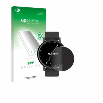 Face avant d’un emballage produit avec le logo de la marque upscreen. À côté, l’appareil Circulaire Displays (ø: 38 mm) est re