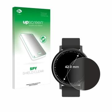 Face avant d’un emballage produit avec le logo de la marque upscreen. À côté, l’appareil Circulaire Displays (ø: 42 mm) est re