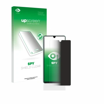 Face avant d’un emballage produit avec le logo de la marque upscreen. À côté, l’appareil Huawei P30 est représenté avec la pro