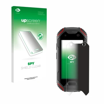 Face avant d’un emballage produit avec le logo de la marque upscreen. À côté, l’appareil Unihertz Atom est représenté avec la 