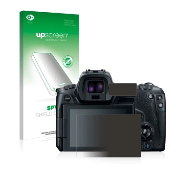 Face avant d’un emballage produit avec le logo de la marque upscreen. À côté, l’appareil Canon EOS R est représenté avec la pr
