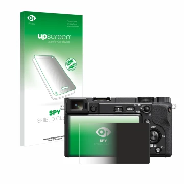 Face avant d’un emballage produit avec le logo de la marque upscreen. À côté, l’appareil Sony Alpha 6400 est représenté avec l