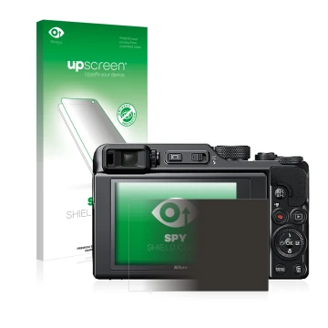Face avant d’un emballage produit avec le logo de la marque upscreen. À côté, l’appareil Nikon Coolpix A1000 est représenté av