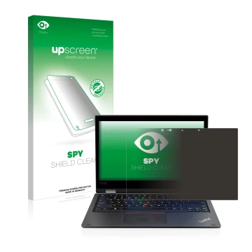 Face avant d’un emballage produit avec le logo de la marque upscreen. À côté, l’appareil Lenovo ThinkPad L390 Yoga est représe