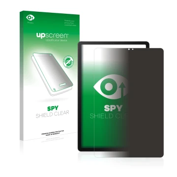 Face avant d’un emballage produit avec le logo de la marque upscreen. À côté, l’appareil Samsung Galaxy Tab S5e LTE 2019 est r