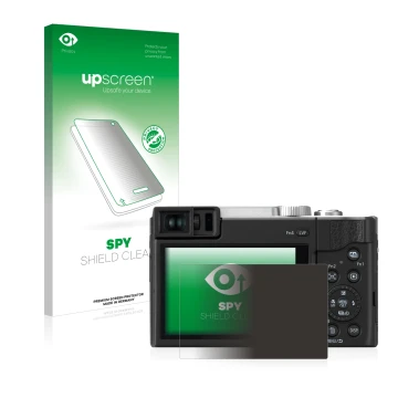 Face avant d’un emballage produit avec le logo de la marque upscreen. À côté, l’appareil Panasonic Lumix DC-TZ96 est représent