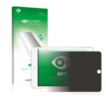 Face avant d’un emballage produit avec le logo de la marque upscreen. À côté, l’appareil Apple iPad Mini 5 2019 (en paysage, 5