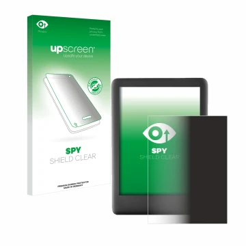 Face avant d’un emballage produit avec le logo de la marque upscreen. À côté, l’appareil Amazon Kindle 2019 (10ème Gen.) est r