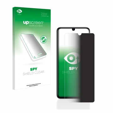 Face avant d’un emballage produit avec le logo de la marque upscreen. À côté, l’appareil Samsung Galaxy A70 est représenté ave