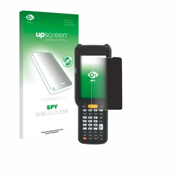 Face avant d’un emballage produit avec le logo de la marque upscreen. À côté, l’appareil Zebra MC330 est représenté avec la pr