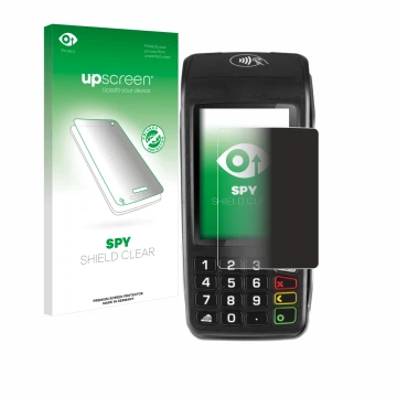 Face avant d’un emballage produit avec le logo de la marque upscreen. À côté, l’appareil ingenico Move/5000 est représenté ave