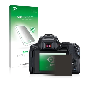 Face avant d’un emballage produit avec le logo de la marque upscreen. À côté, l’appareil Canon EOS 250D est représenté avec la